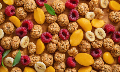 A wooden table filled with various fruits and nuts, perfect for snacking or decorating