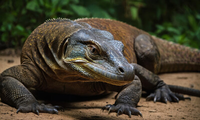 Fototapeta premium A large lizard sitting on top of a sandy ground, suitable for use in travel or adventure photography