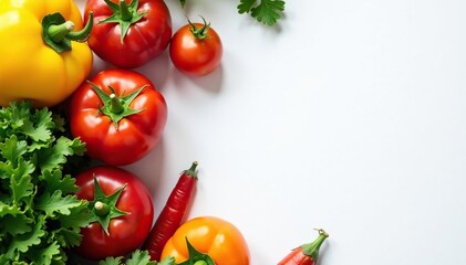 Overhead shot of fresh vegetables on white backdrop , bright, broccoli