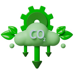 Green cloud with CO2 symbol, gear, leaves and downward arrows shows carbon dioxide emissions reduction concept