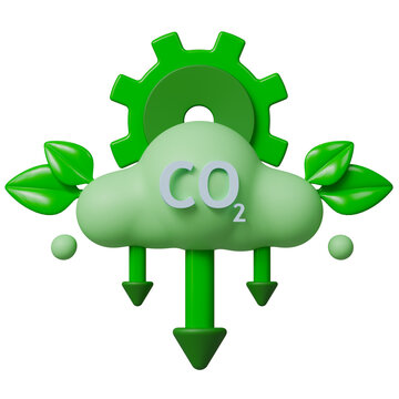 Green cloud with CO2 symbol, gear, leaves and downward arrows shows carbon dioxide emissions reduction concept