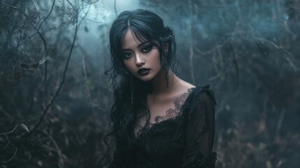 Fototapeta premium Gothic woman with a mix of black dress wearing dark makeup, standing in the forest background wallpaper AI generated image