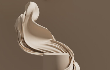 3D background, pedestal, podium on pastel brown backdrop. Nature product promotion beauty cosmetics display with beige flying cloth. Nude Studio showcase 3D render advertisement banner with sun shadow