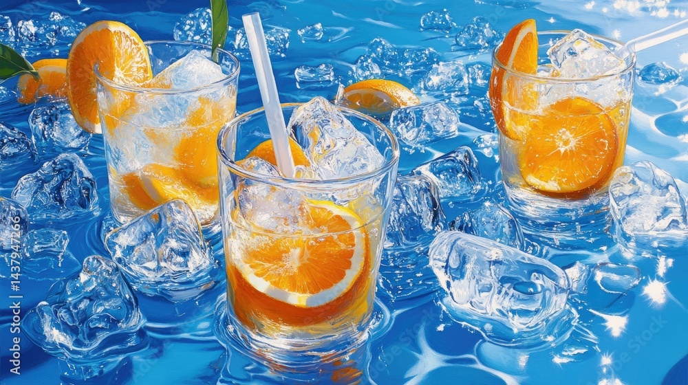 Poster summer drinks with floating oranges and ice, cool tones on blue surface