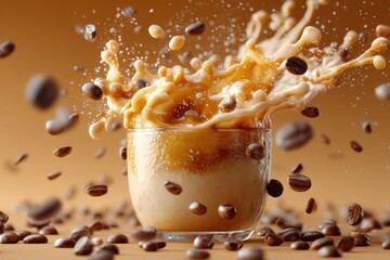 Dynamic Coffee Splash with Scattered Roasted Beans, Energetic Coffee Concept
