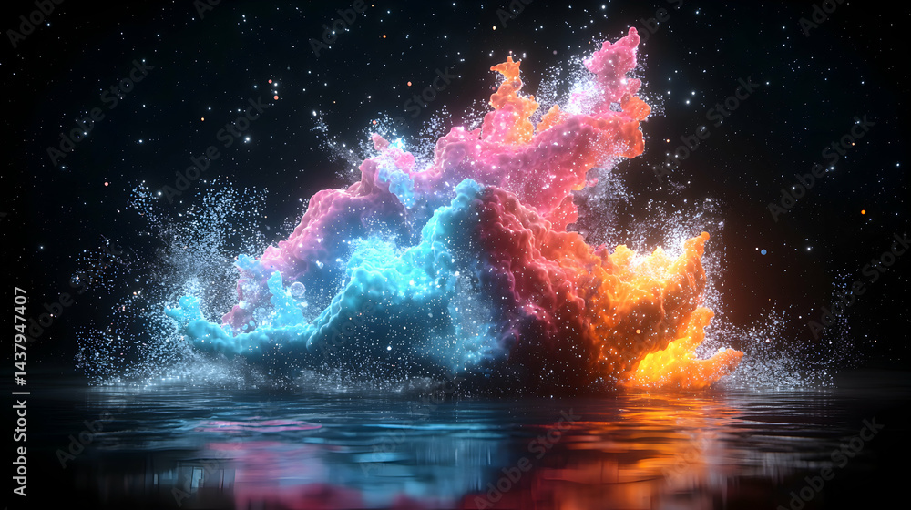 Poster a cosmic explosion of color and light erupts above a reflective surface creating a mesmerizing scene