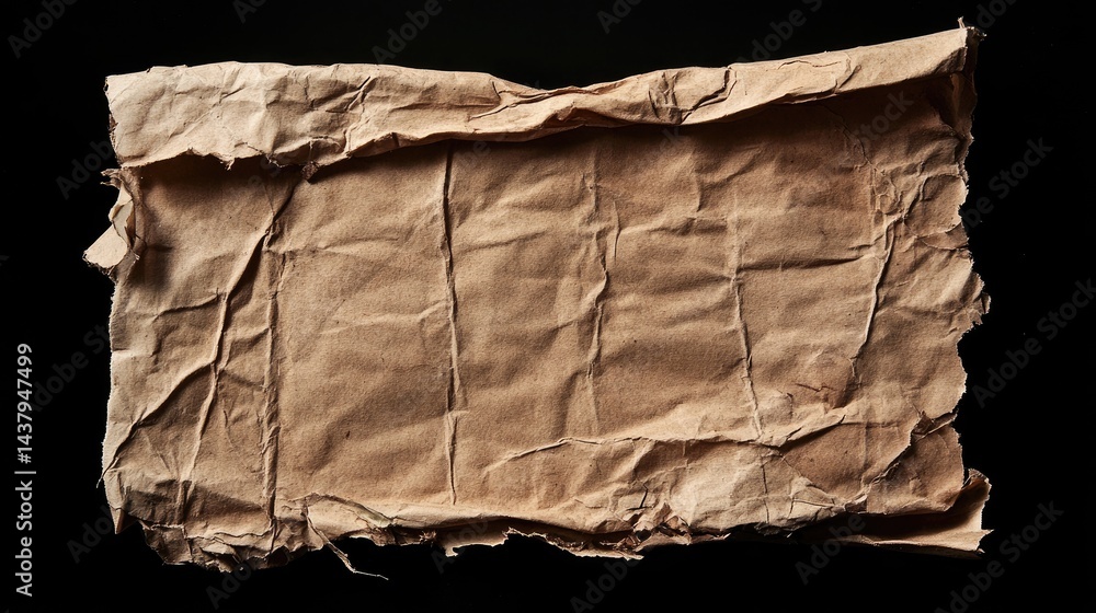 Poster textured paper scrap with deep creases and rough edges, aged and lined surface