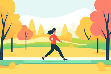 Woman walking in a colorful autumn park scene.
