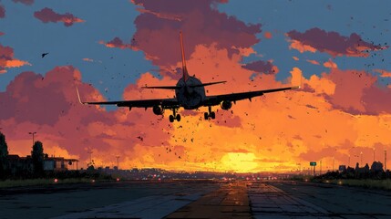 A plane taking off from an airport runway at sunset, with vibrant sky colors and golden hues reflecting on the aircraft. The scene captures the grace and power of aviation during the golden hour.