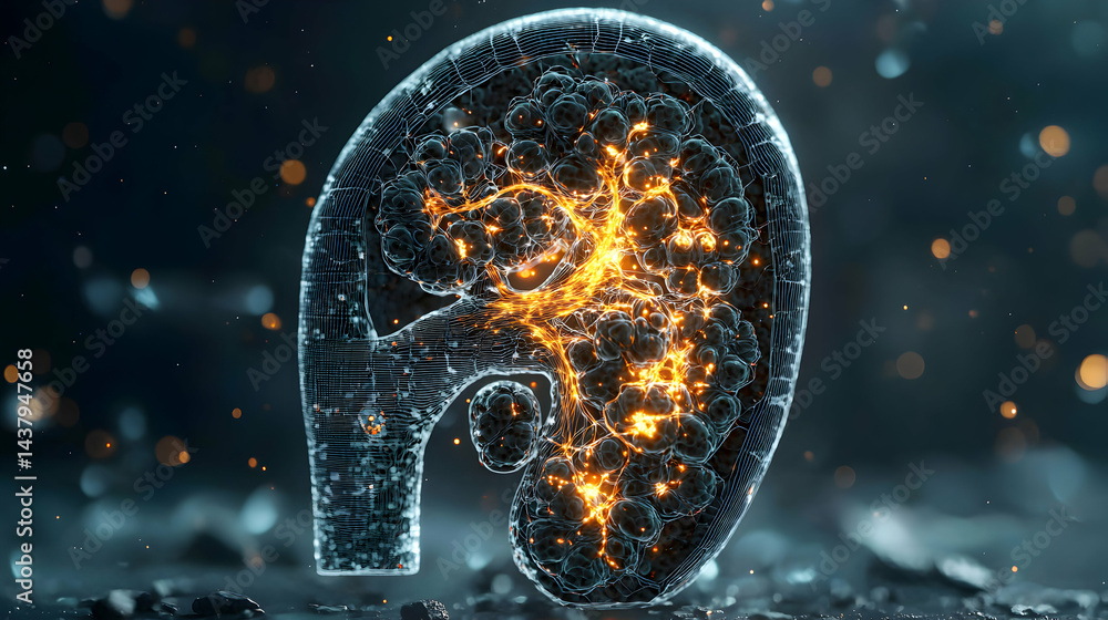 Poster an artistic rendering of a glowing structure resembling an organ potentially a kidney or brain cells