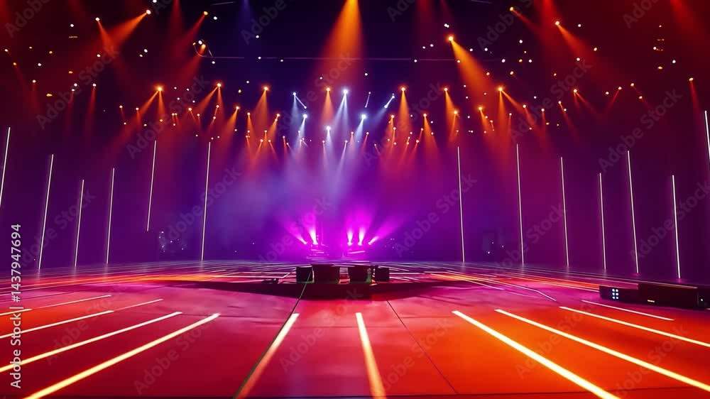Poster vibrant stage performance colorful lights and beams create energetic atmosphere with dynamic design 