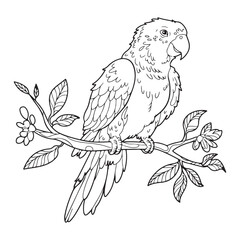 A stunning parrot illustration surrounded by nature’s beauty, including flowers and leaves, perfect for animal lovers’ coloring books.