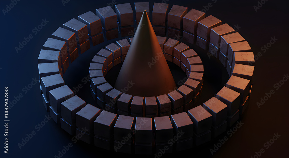 Poster geometric composition with cone at center surrounded by cubic orbits