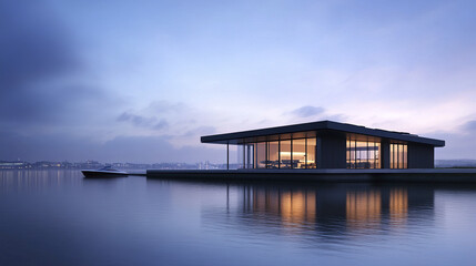 sleek riverside house with minimalist design reflecting in calm water at dusk