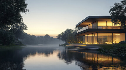 Fototapeta premium serene riverside scene featuring modern house illuminated at dusk, surrounded by nature beauty
