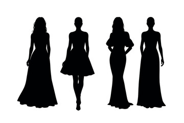silhouettes of women in dresses isolated on white background