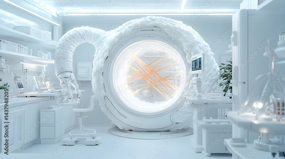 Poster futuristic lab with advanced technology. ideal for science fiction game environments or medical visu