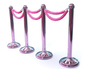 Three chrome stanchions with pink rope barriers