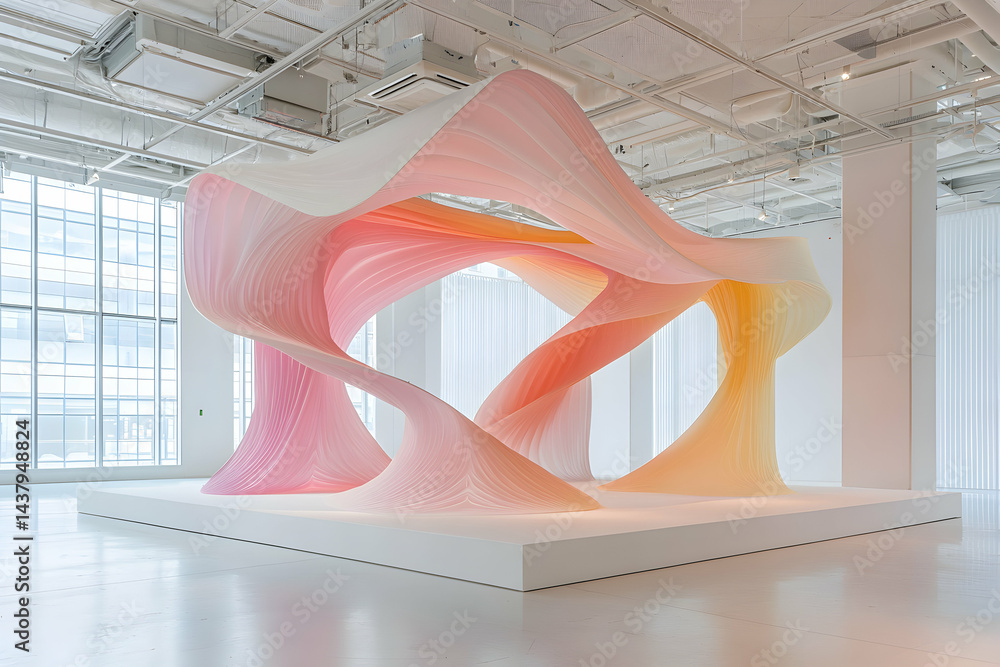 Poster an ethereal fabric sculpture in a minimalist space. perfect for architectural design or a soft aesth