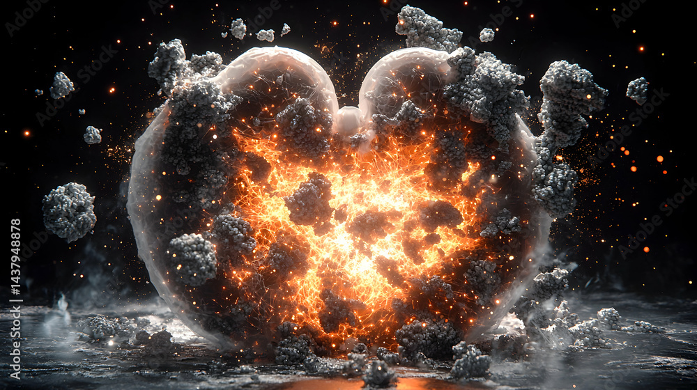 Poster a fiery heart-shaped explosion in space surrounded by nebulous shapes. use this image to visualize c