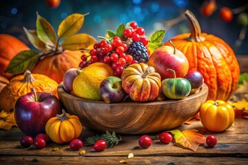 Rustic Still Life: Fruits & Vegetables in Wooden Bowl, Autumn Harvest, Nature Photography