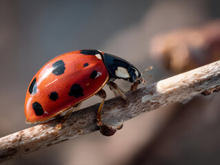 A ladybug crawling along the edge of a thin twig, with the sunlight casting soft shadows and highlighting the intricate details of its black spots and shiny red shell.