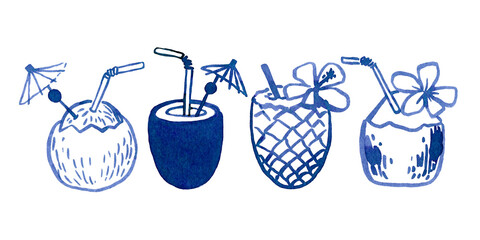 Watercolour hand drawn summer drinks cocktail. Freehand doodle drinks,  hand drawn cocktail can use as print, element desing, poster, textile, clothes print, label, invitation, menu illustration.