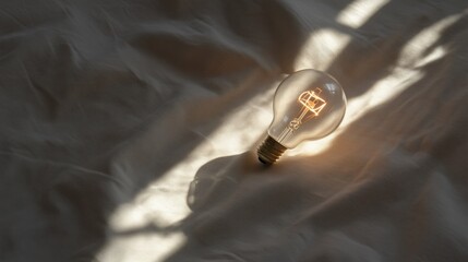 Overhead shot of a small light bulb sitting atop a large white sheet, surrounded by subtle shadows
