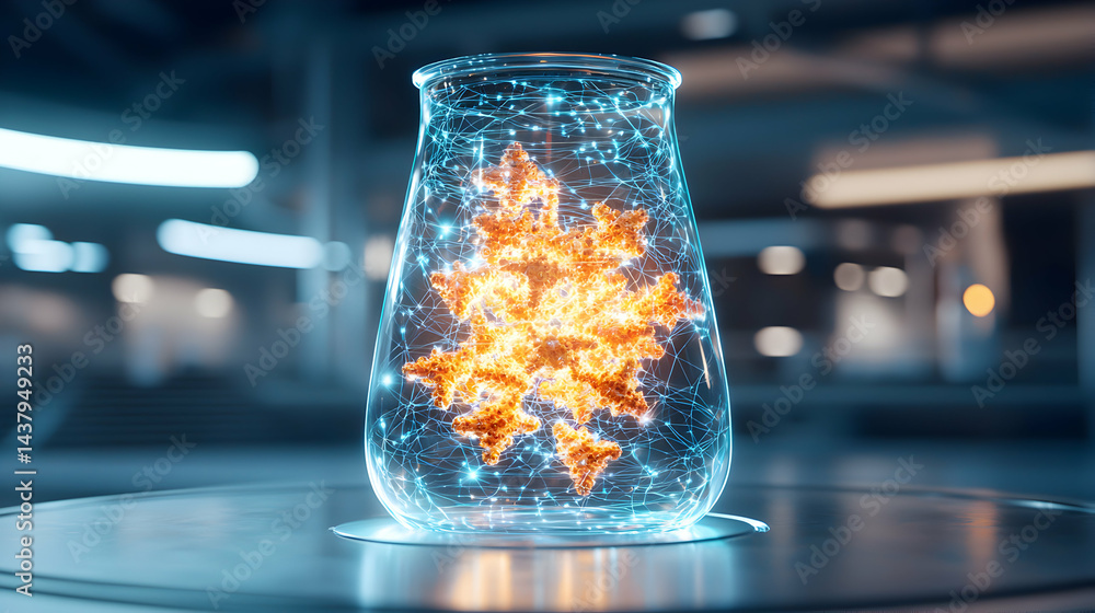 Poster a futuristic lab setting with a glowing snowflake encased in a glass container. suggests advanced sc