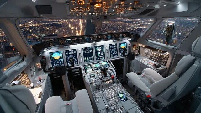 Night Flight Cockpit: A captivating view from the cockpit of a modern aircraft, showcasing the illuminated cityscape sprawling beneath during a nighttime flight.