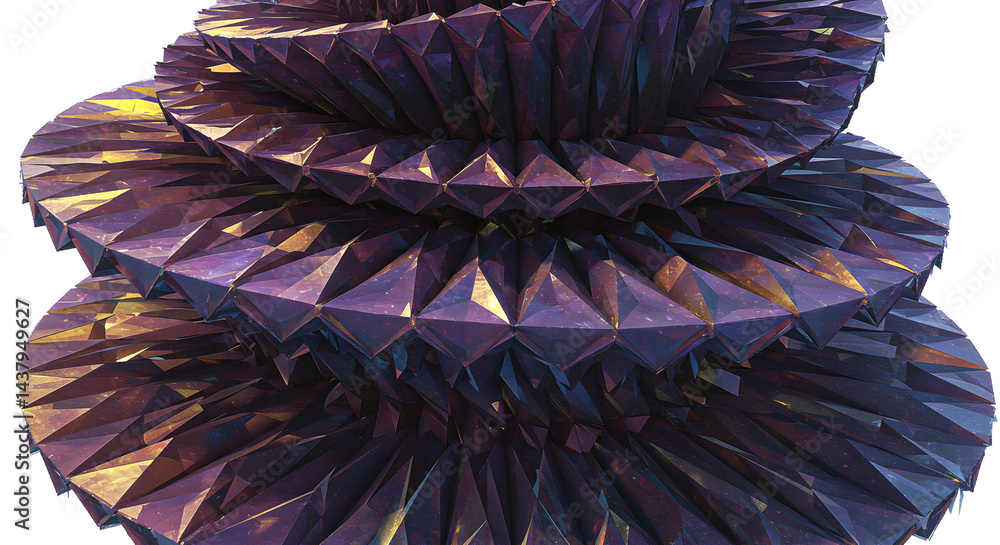 Poster geometric sculpture with triangular facets and textured surface on white backdrop