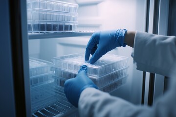 Close-up of gloved hands carefully placing biotech samples into a freezer storage unit, showcasing clear plastic containers; concept for scientific research, medical technology, and pharmaceutical