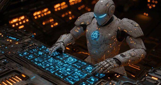 Robot operating futuristic control panel