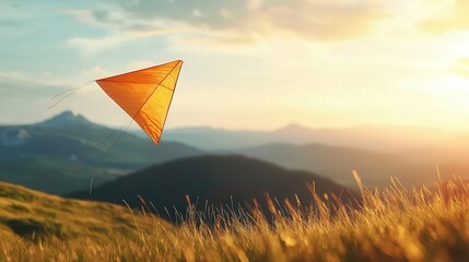 Kite soaring in wind above hills, closeup fabric movement, dynamic sky backdrop