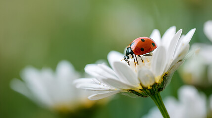 Fototapeta premium A ladybug crawling on the petals of a white daisy, its red body and black spots popping against the flower's soft white petals. The background is a blurred green meadow.