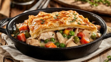 Delicious chicken pot pie in skillet.  