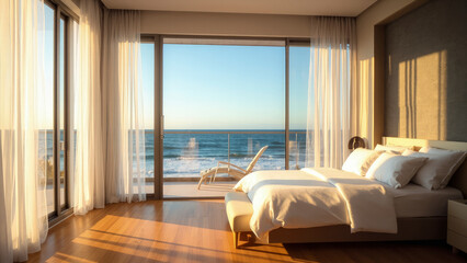 Fototapeta premium A stunning bedroom with a scenic ocean view