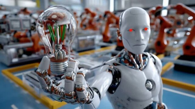 AI Innovation: A humanoid robot holds a glowing light bulb, symbolizing artificial intelligence and technological advancement within a futuristic factory setting.
