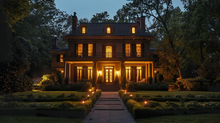 Fototapeta premium Beautiful home exterior at night with glowing interior lights and lush garden
