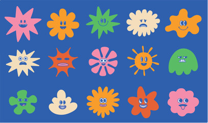 Outline linear illustration logo, modern art prints, hand drawn graphic elements for advertising, funny cartoon illustrations with smiling character and mascots, abstract stickers and line icons style