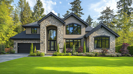 Obraz premium Beautiful three story house with stone and brick facade surrounded by lush greenery