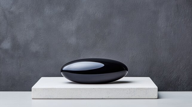 A black sphere rests on a white pedestal against a gray wall.