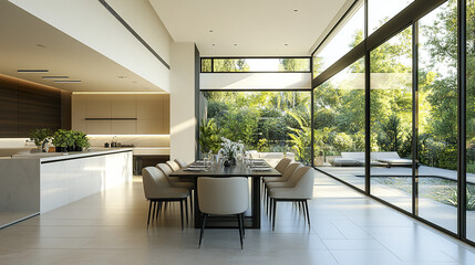 Bright dining room in luxury modern house with large windows and greenery outside