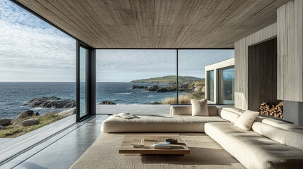 Fototapeta premium bright modern lounge with full glass wall framing stunning ocean view, creating serene