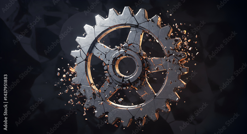 Poster fragmenting cogwheel showing technological breakdown or engineering failure concept