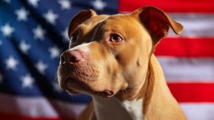 Portrait of a pit bull terrier with an American flag background, detailed, natural lighting. 