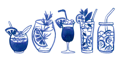 Watercolour hand drawn summer drinks, cocktails. Freehand doodle drinks,  hand drawn cocktail can use as print, element desing, poster, textile, clothes print, label, invitation, menu illustration.