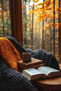 Cozy reading nook, with a hot drink and warm blankets, by the window offers a serene view of colorful autumn foliage
