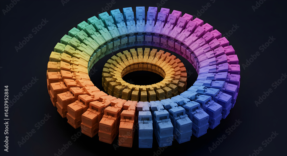 Poster abstract rainbow colored blocks arranged in two concentric circles isolated on black