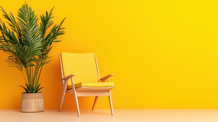 A yellow chair sits in front of a tall plant in a woven basket.